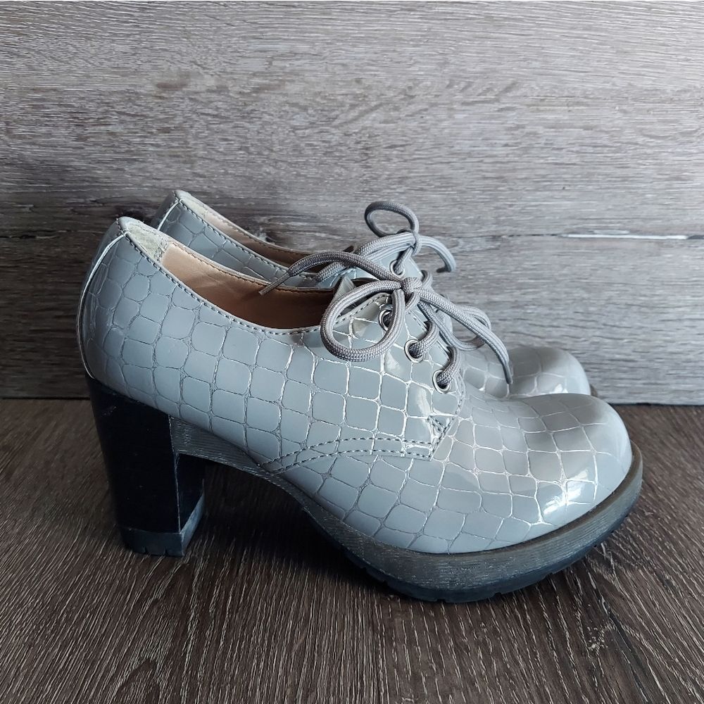 Rare Dr Martens | Danielle Grey + Silver Armor Leather Heels Ankle Boots Size 6